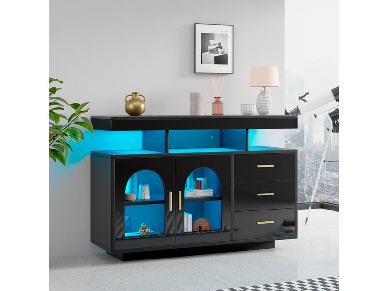  Buffet bas noir brillant avec éclairage led rgb, 3 tiroirs et 2 portes - 120 x 40 x 80 cm  - Conforama B