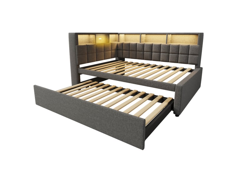  Lit gigogne,90x200 cm,avec extension 90x190cm,bluetooth,usb type-c,led,lin,gris  - Conforama A