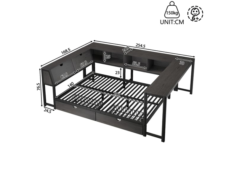 Lit adulte 140x200 cm noir – combiné multifonction avec bureau, rangements et led, style industriel - Conforama C