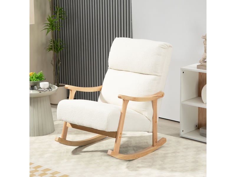  Fauteuil à bascule rembourré en velours teddy, dossier ergonomique, pieds en bois d'hévéa, couleur crème  - Conforama D