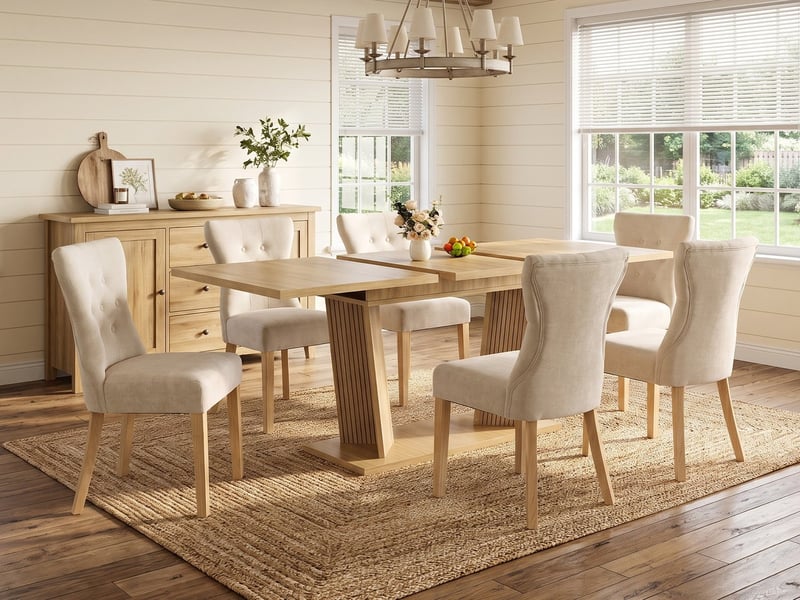  Ensemble table et 6 chaises de salle à manger – table extensible aspect bois massif brun naturel + chaises rembourrées beige en tissu chenille  - Conforama B