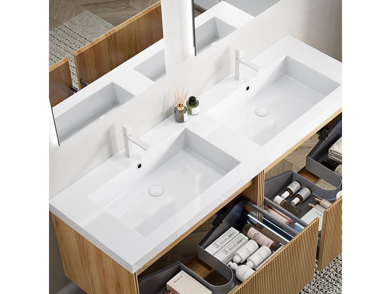 Double vasque à encastrer avec cuves en résine blanche, sans meuble ni robinetterie, pour salle de bain 140 × 46 × 5 cm - Conforama D