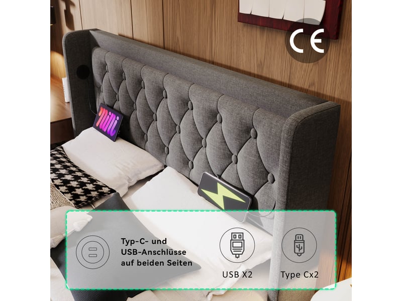 Lit coffre hydraulique 180x200 cm en coton gris avec tête de lit capitonnée, ports usb et type-c, éclairage led sur 3 côtés. - Conforama E
