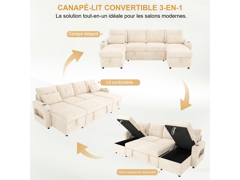  Canapé d'angle convertible panoramique 4 places chenille beige 266x131x85 cm avec rangement, usb, led et porte-gobelets N653P7709GA - Conforama E