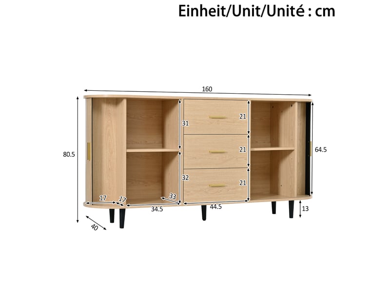 Buffet 160x40x80,5 cm avec 3 tiroirs, portes coulissantes et décor rainuré naturel - Conforama C