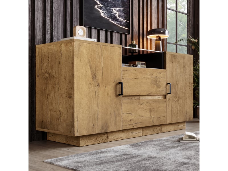  Buffet effet chêne avec deux tiroirs, deux placards et niche ouverte, 140 cm  - Conforama D