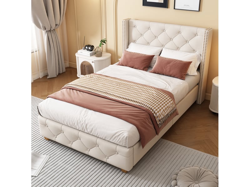  Lit rembourré 90 × 190 cm avec sommier à lattes, tête de lit capitonnée et pieds en bois, en lin beige  - Conforama B