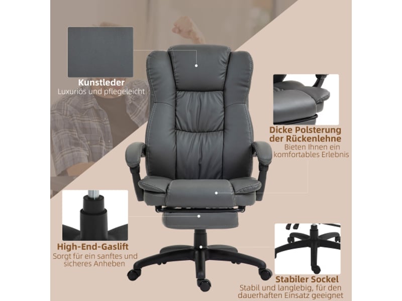  Chaise de bureau massante inclinable, appui-tête, repose-pieds, similicuir gris foncé, 68,5x68,5x113-121 cm  - Conforama E