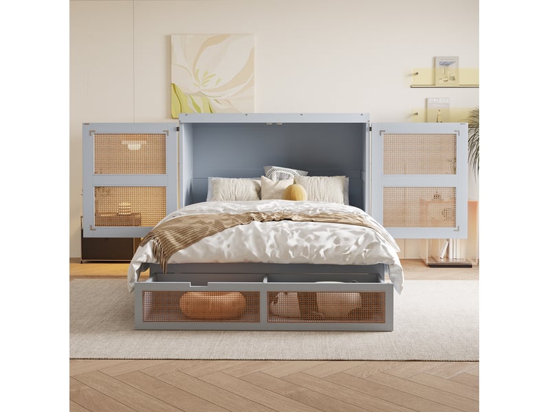  Lit escamotable 140x200 cm, bois gris et bois naturel, doté de 2 tiroirs et de rangement, sans matelas  - Conforama E