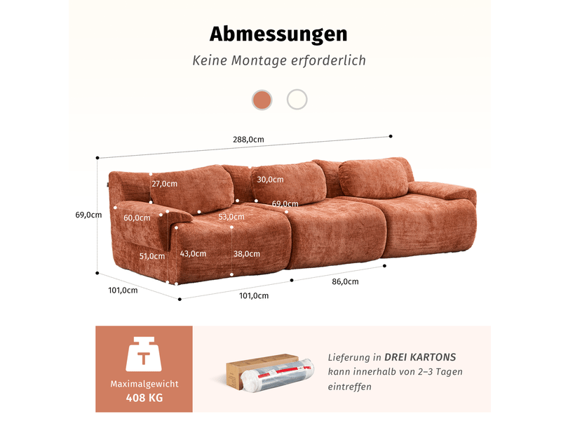  Canapé droit 3 places compressé design ondulé avec assise en mousse et larges accoudoirs en chenille orange  - Conforama D