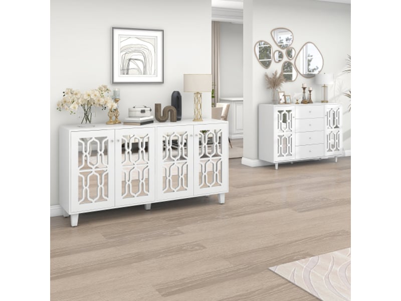  Nouveau buffet miroir blanc en matériau écologique avec poignée en cristal froid pour salon et salle à manger 147,5 x 40 x 102cm  - Conforama E