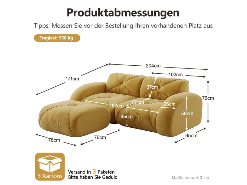  Canapé modulable 2 places avec pouf en chenille jaune 204 x 171 x 76 cm  - Conforama E