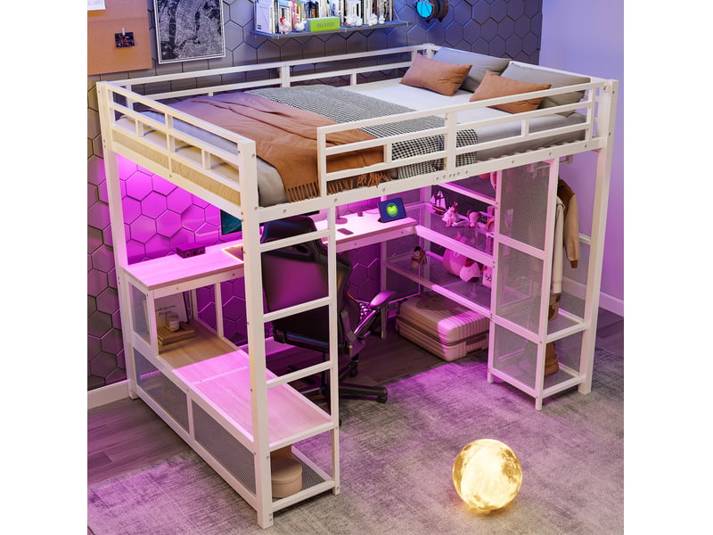  Lit mezzanine 140x200 cm en métal et mdf, bureau, led, usb et penderie, blanc  - Conforama E