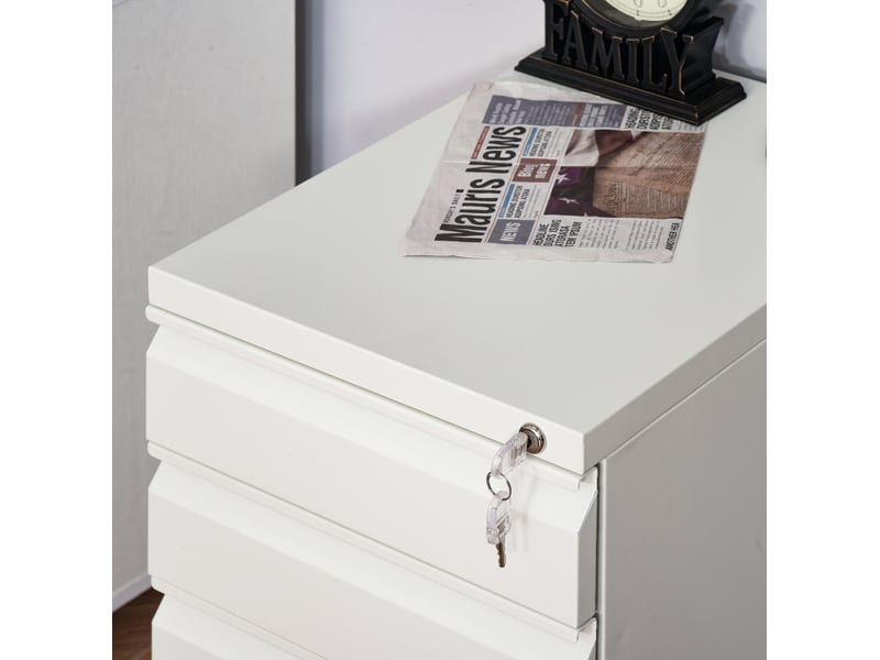  Caisson de bureau 39 x 48 x 60 cm blanc en acier, 3 tiroirs verrouillables sur roulettes, classement suspendu  - Conforama E
