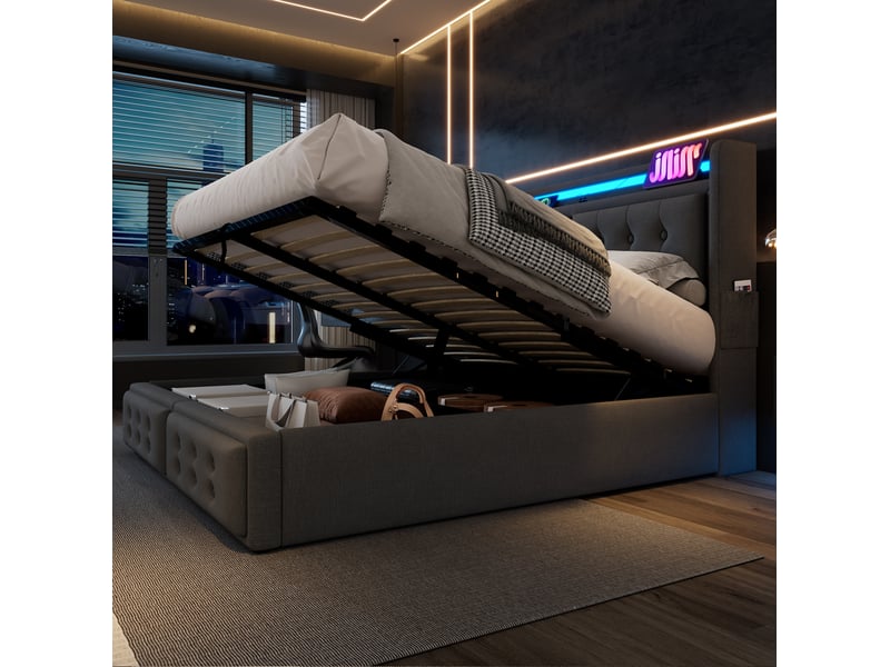  Lit coffre 180 × 200 cm 2 places avec led, prises, usb et type-c, sans matelas, en tissu gris  - Conforama B