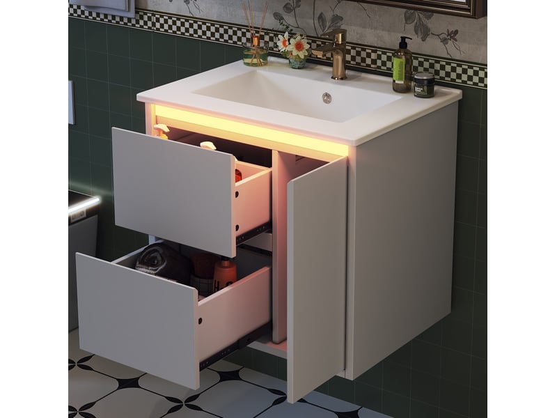 Meuble sous vasque mural led à capteur avec 2 tiroirs et placard à fermeture douce pour salle de bain, 61 × 46,5 × 57 cm - Conforama B
