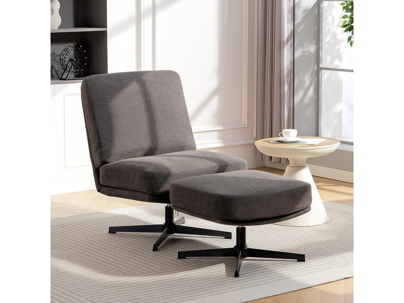  Fauteuil avec repose-pieds, fauteuil pivotant aspect lin pour salon, gris foncé  - Conforama C