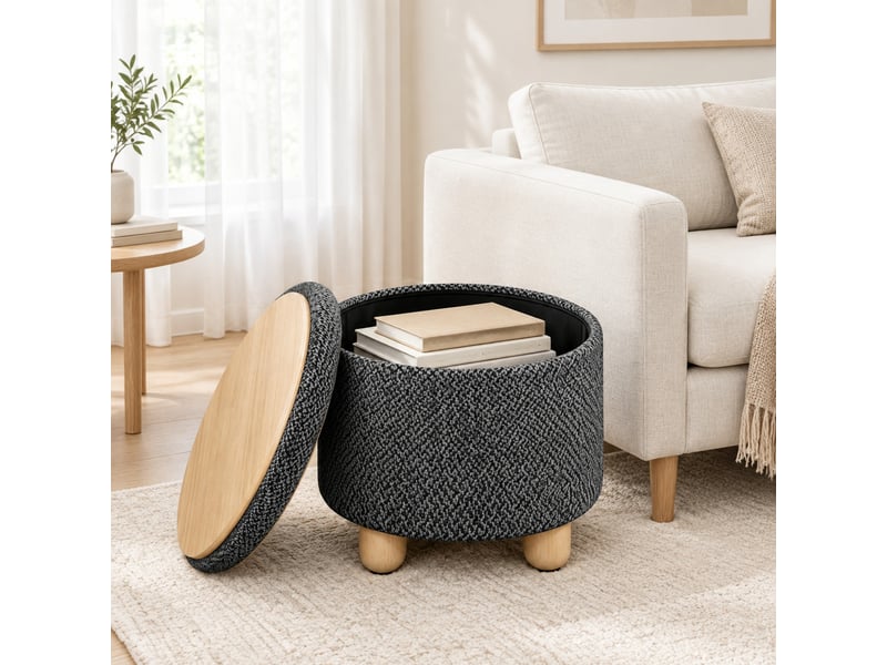 Pouf rond avec rangement et plateau réversible en lin gris foncé - Conforama D