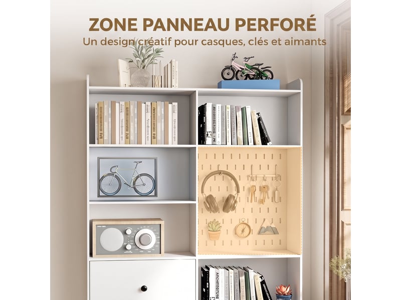  Bibliothèque 8 niches et 2 tiroirs avec panneau perforé blanc 120 x 30 x 200 cm  - Conforama E