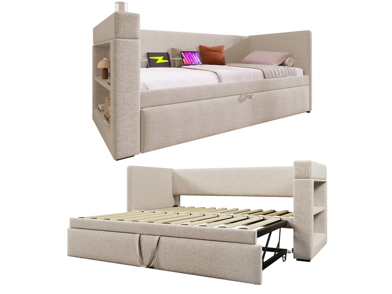 Lit gigogne 90x190 cm - lit banquette rembourré avec usbtype-c, porte-gobelets et lit d'appoint - beige - Conforama A