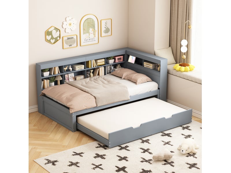  Lit gigogne 90x200 cm avec prise usb, rangements et couchage 90x190 cm, gris  - Conforama B