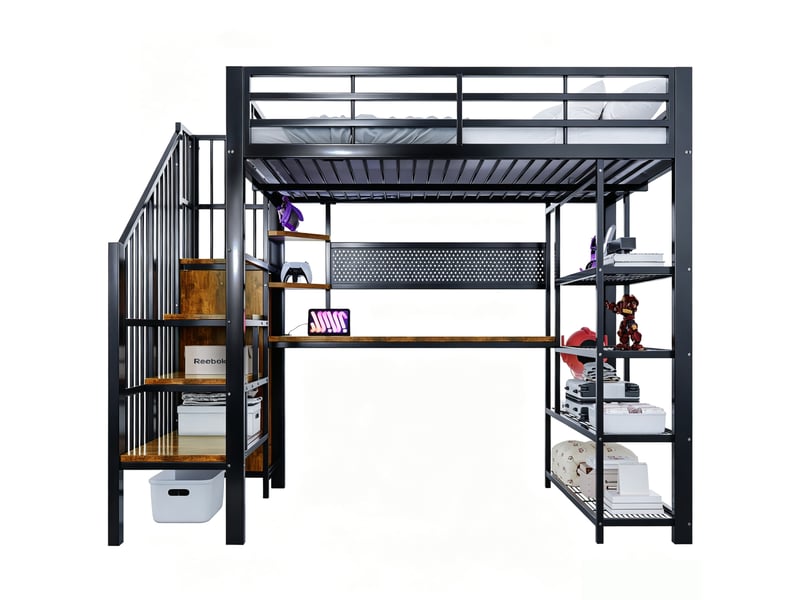  Lit mezzanine 140x200 cm avec bureau, escalier de rangement, led et prises, noir  - Conforama A