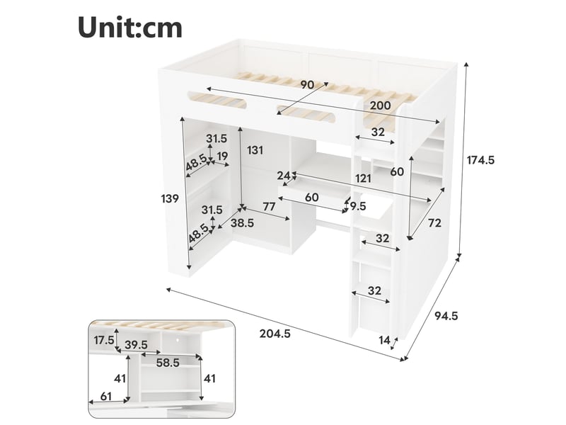 Lit mezzanine 90x200 cm, avec tiroir, plusieurs étagères, bureau intégré sous le lit, éclairage led et port usb, blanc - Conforama E