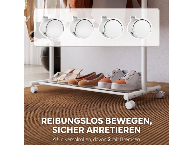  Portant à vêtements à roulettes, penderie mobile avec tringle, 5 crochets, étagère à chaussures, blanc  - Conforama E