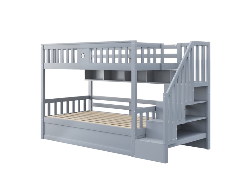  Lit superposé en bois gris avec coffre hydraulique, étagères et escalier de rangement  - Conforama E