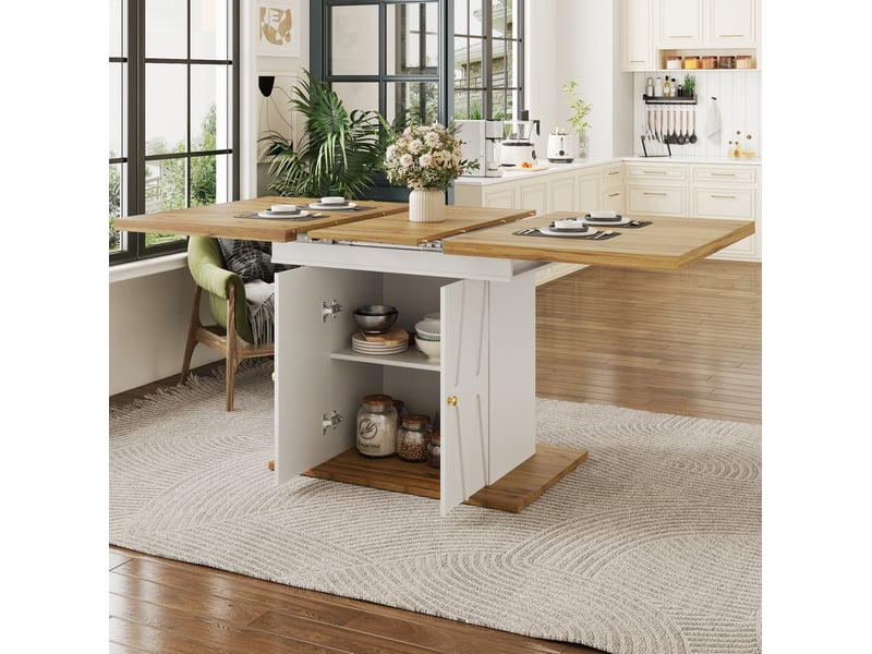 Table extensible avec plateau amovible et étagères intégrées, décor relief, pour cuisine, blanche, 110 × 70 × 76,5 cm - Conforama D