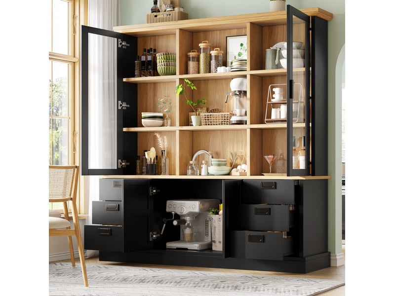 Buffet haut de cuisine 140x40x185 cm, 6 tiroirs, portes vitrées, anti-basculement, mdf, noir  - Conforama B