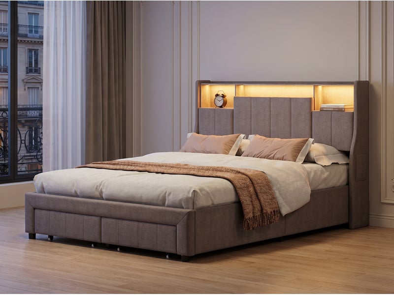 Lit 2 places 160x200 cm - tiroirs de rangement et led - rangement tête de lit - lit 2 places tissu - sommier à lattes - Conforama D