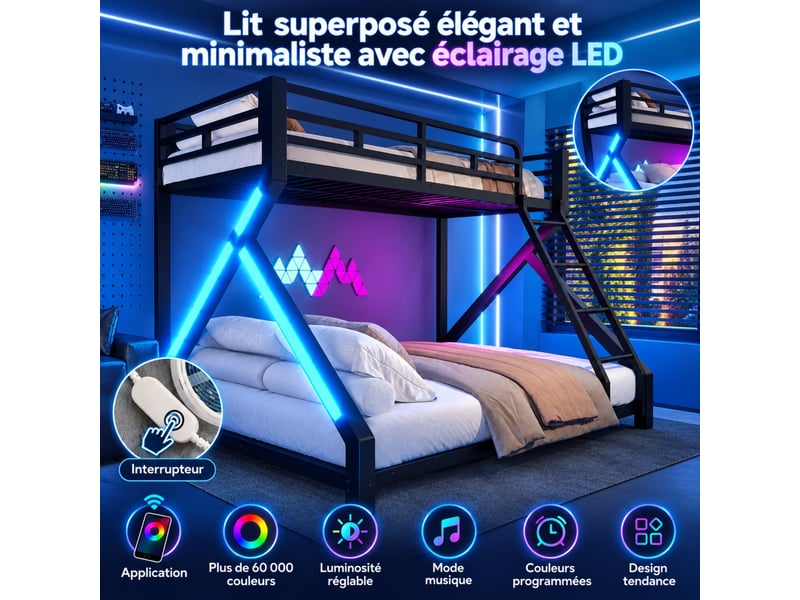  Lit superposé enfant 90x200140x200 cm en métal, avec led, échelle, barrières de sécurité, sans matelas, noir  - Conforama D