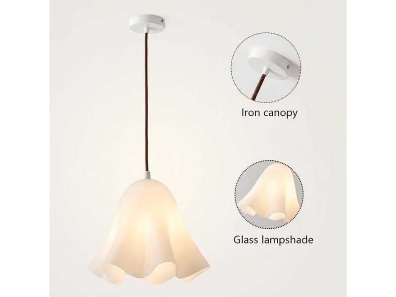  Suspension en verre ondulé en forme de fleur, douille e27, cordon réglable 150 cm, lampe suspendue pour cuisine et salle à manger, blanc  - Conforama E
