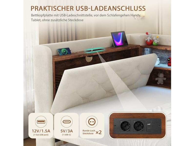  Banquette-lit extensible, 90x190 cm, avec rangement, led, usb et type c, matelas non inclus, velours, coloris beige  - Conforama E
