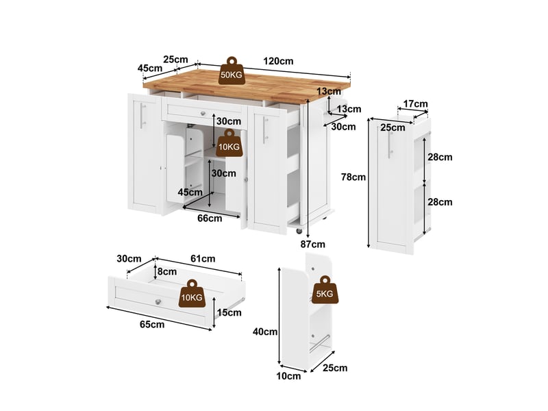  Desserte de cuisine 120x45x87 cm à plateau rabattable mdf blanc et naturel  - Conforama E