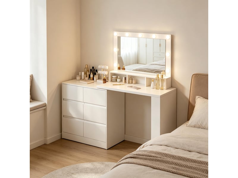  Coiffeuse 6 tiroirs avec miroir led et rangements pour chambre 90×40×134,5 cm bois blanc  - Conforama B