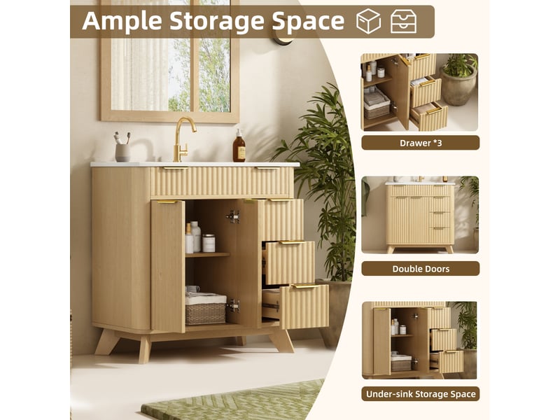  Meuble sous vasque avec 3 tiroirs, 2 portes et lavabo en céramique pour salle de bain 81×47×90 cm  - Conforama E