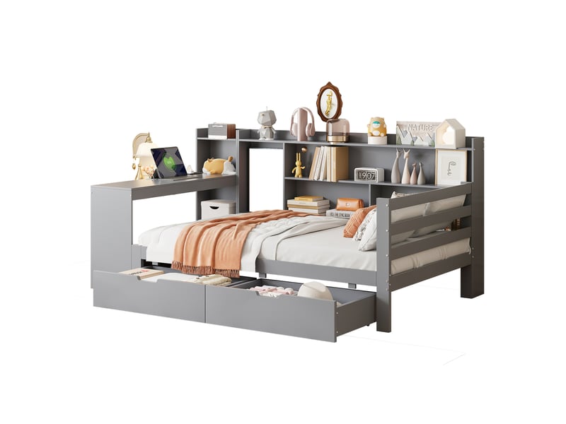  Lit banquette 90x200 cm – gris – bureau, rangements, 2 tiroirs, charge usb, étagères - sans matelas  - Conforama A