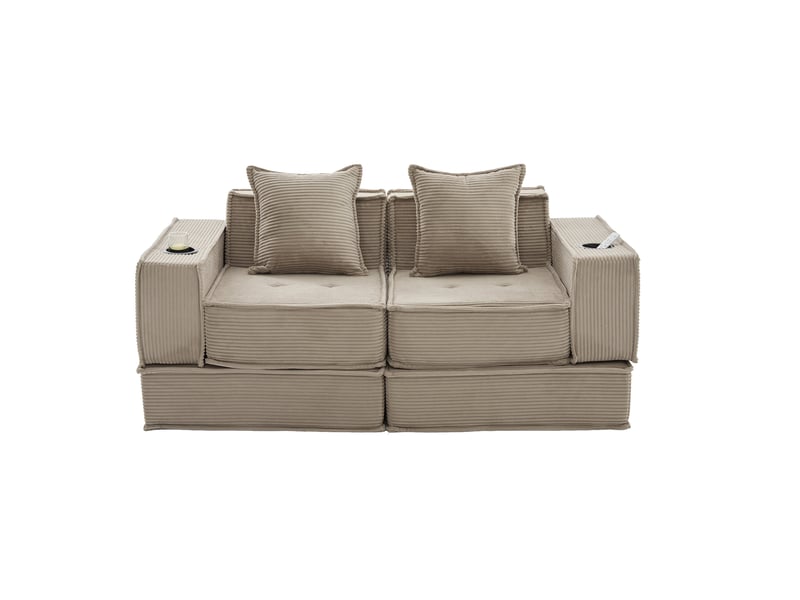  Canapé convertible 2 places ulevr en velours côtelé kaki 162 x 78 x 66 cm avec poches latérales et porte-gobelets  - Conforama A