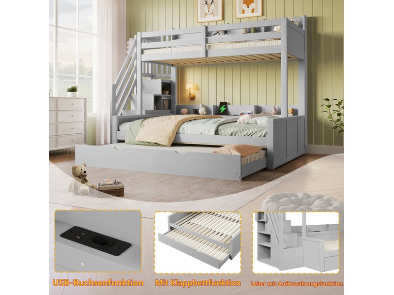  Lit superposé 90x200+140x200+90x190 cm avec lit gigogne, port usb, rangement intégré, mdf et pin, gris sans matelas  - Conforama E