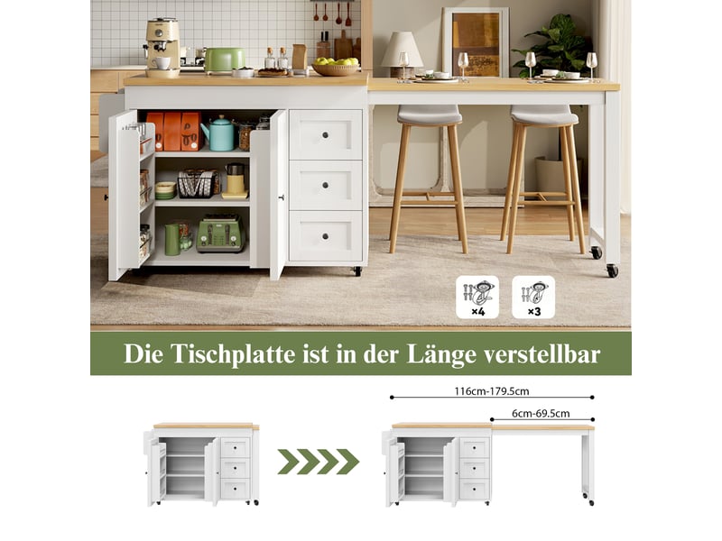  Desserte de cuisine extensible avec 3 tiroirs, placard, étagères latérales et roulettes freinées, 116–179,5×45×89 cm  - Conforama E