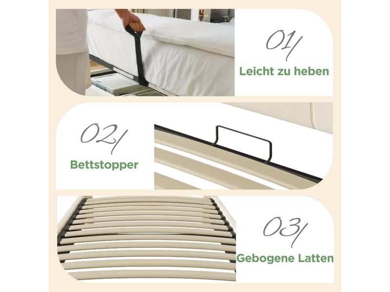  Lit coffre, lit enfant 90x200 cm, rangement hydraulique, tête de lit avec rangement, led, usbusb-c, matelas inclus, velours beige  - Conforama E