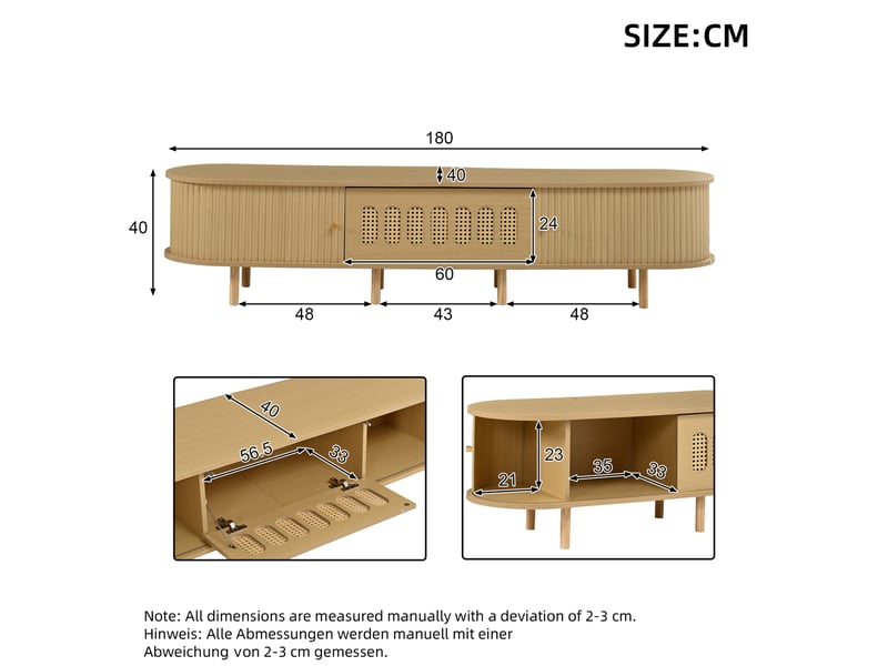  Meuble tv 180 x 40 x 40 cm – bois clair – façade effet rotin, portes roulantes et rangement fermé  - Conforama C