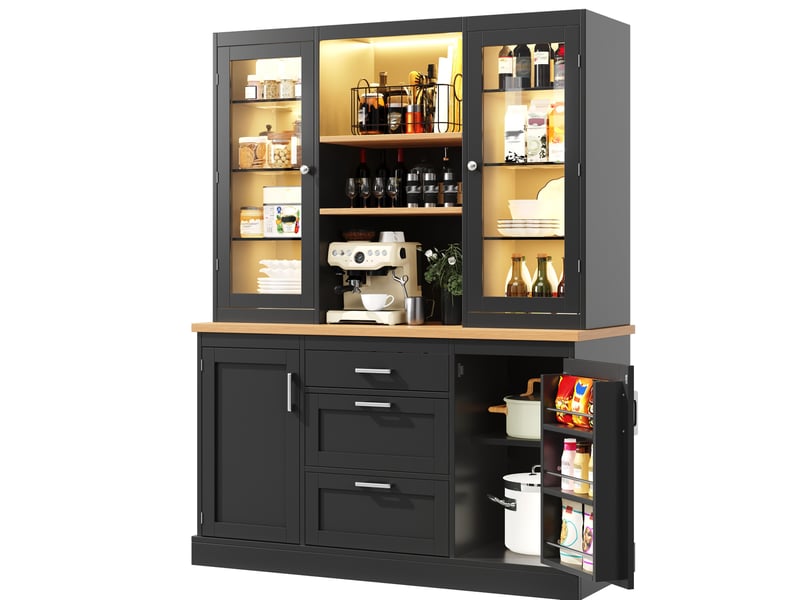  Buffet de cuisine moderne 140x40x185 cm, 3 tiroirs et 4 portes, meuble de rangement avec éclairage led, plateau de travail, mdf noir  - Conforama A