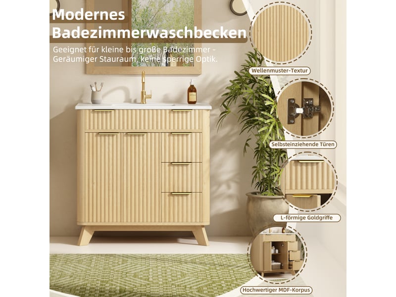  Meuble salle de bain 81 cm sur pied bois naturel avec vasque céramique, 3 tiroirs et portes effet vague  - Conforama D