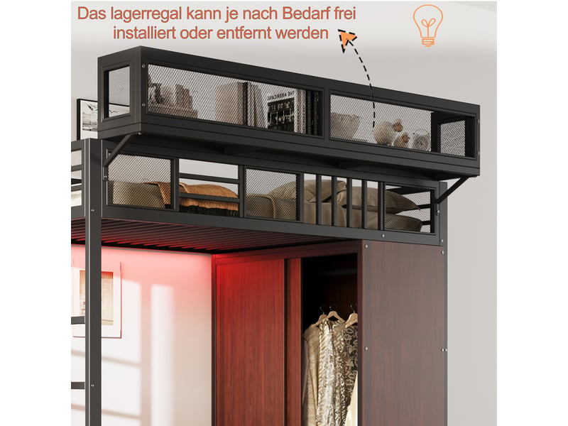  Lit mezzanine 90 x 200 cm, coloris noir, structure métal et bois, placard, led, rangements.  - Conforama D