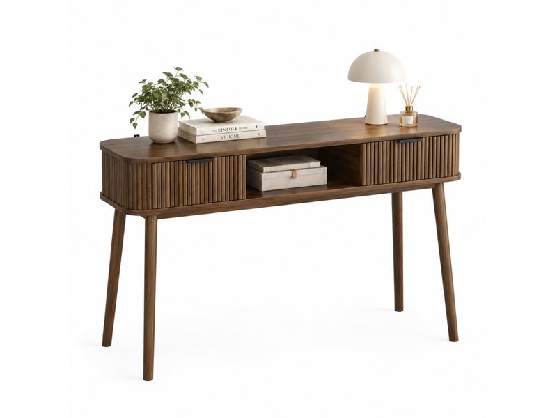 Console 120x35x77,6 cm en mdf et panneaux de particules avec 2 tiroirs aspect noyer chicfurn  - Conforama A