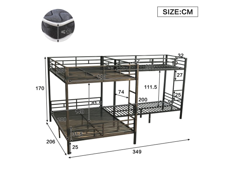  Lit superposé 90x200 cm et 140x200 cm avec échelle trois marches, cadre de lit en métal, sans matelas, noir  - Conforama D