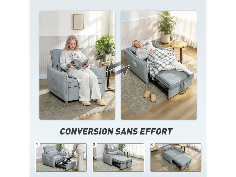  Fauteuil convertible 1 place 3 en 1, fauteuil-lit clic-clac en chenille, assise large dossier réglable, 88x84x87cm, gris  - Conforama D